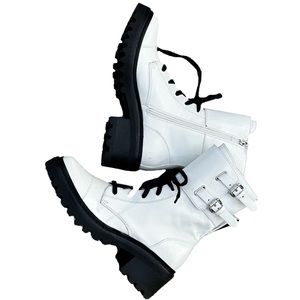 DKNY Bart Patent Buckle Combat & Lace Up Boots White Size US 9.5